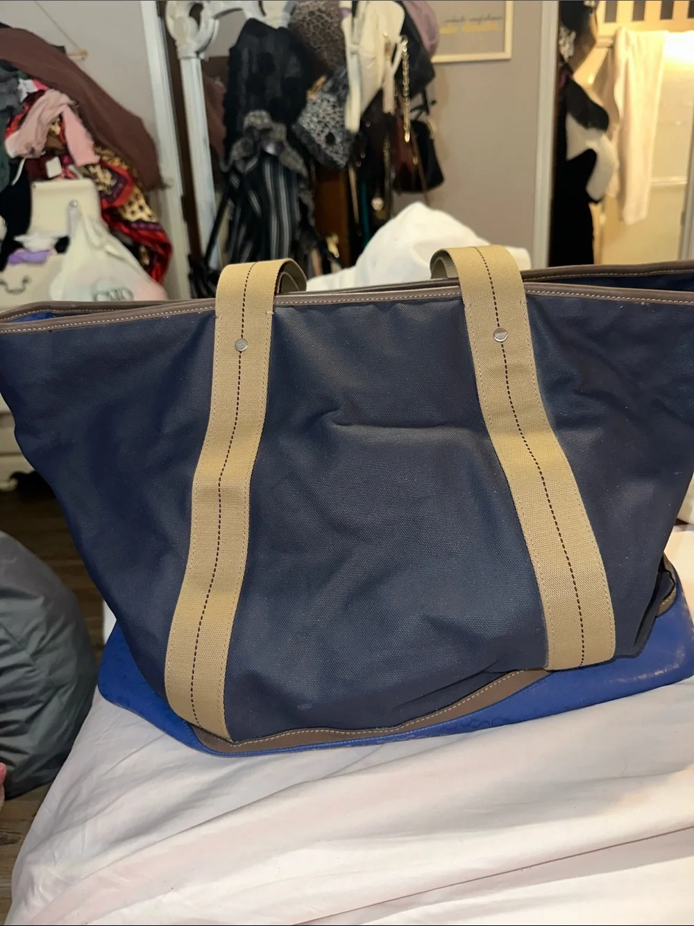 Coach heritage weekender canvas blue bag with tan straps blue signature bottom